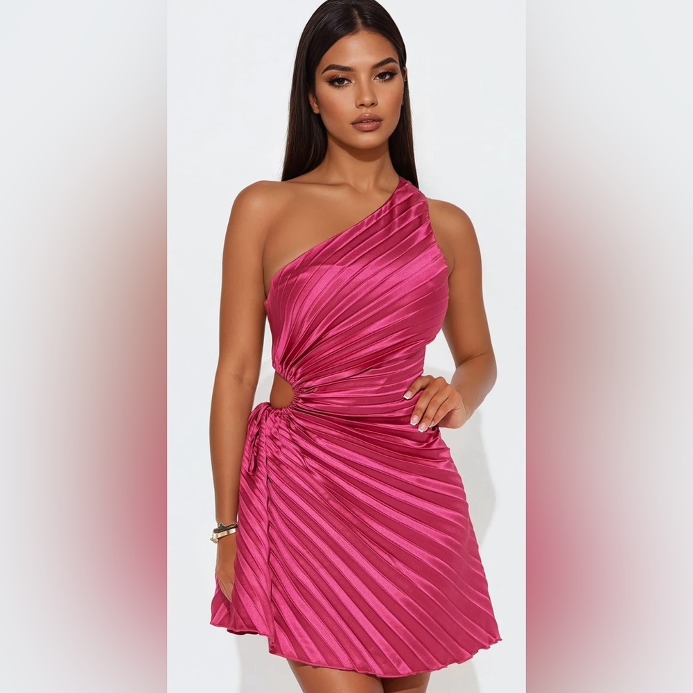Fuschia pleated mini dress. Size L